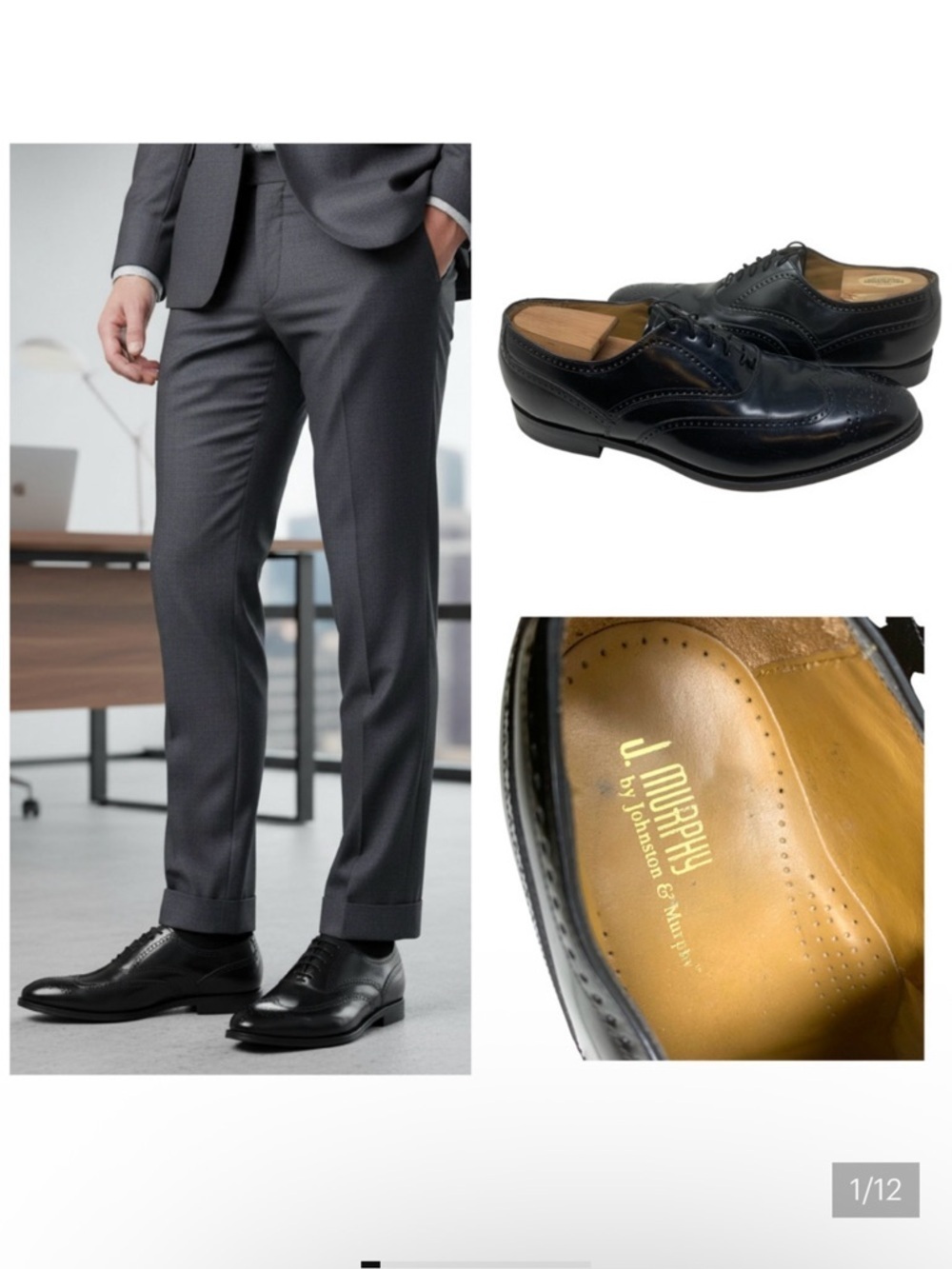 J. Murphy x Johnston Murphy Sz 11 W Wide Black Leather Wingtip Oxfords Brogue